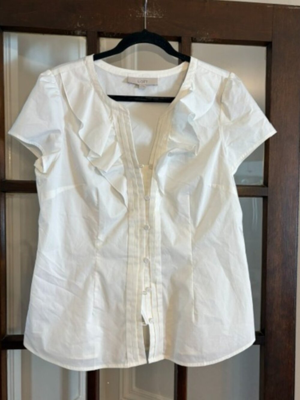 LOFT Vintage White Short-Sleeved Blouse with Ruffles, Size Large